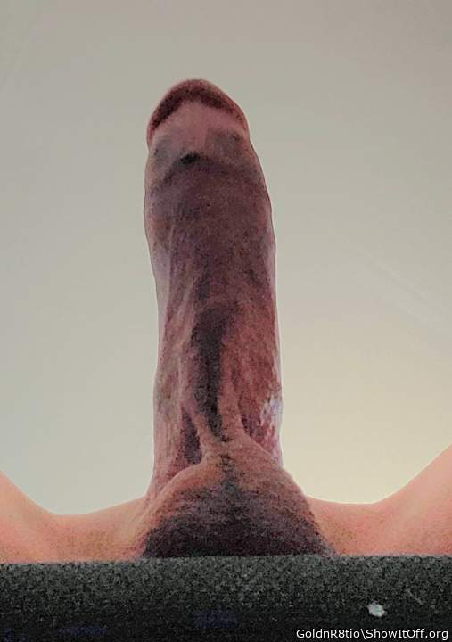 Hard Thick Cock Pointing Straight Up with Smooth Balls on the Edge of the Chair.