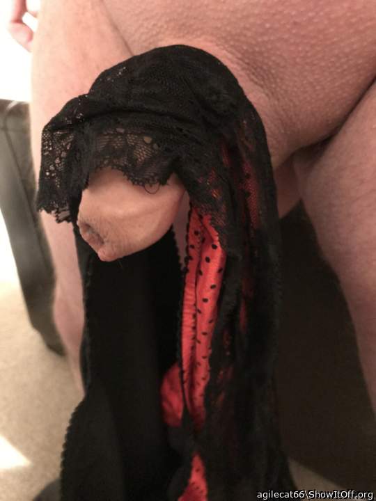 Red silk polkadot and black lace panties