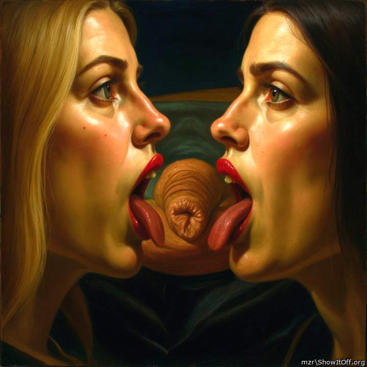 Girls with bright red lips lick a guy's uncut foreskin. Art Style