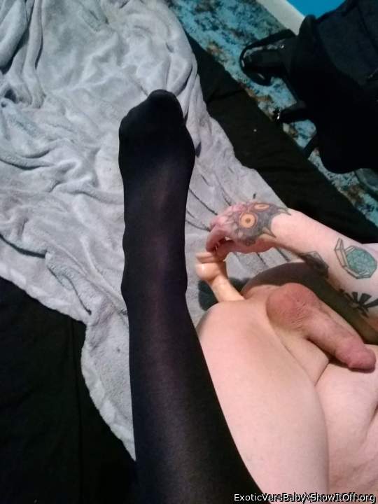 In nylon knee highs fucking myself with one of my 4 dildo's