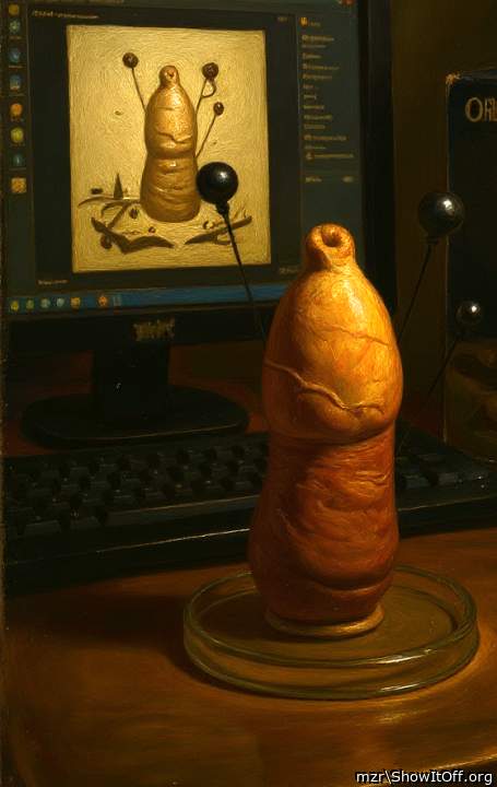 Uncut foreskin dick sculpture, oil painting. Art Style