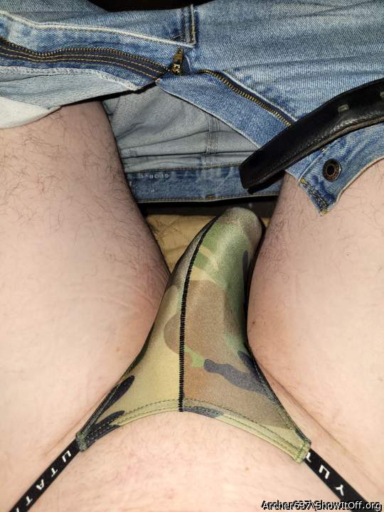 Horny in camo thong