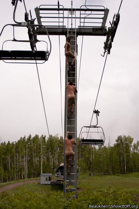 Naked Lift Tower Climbing