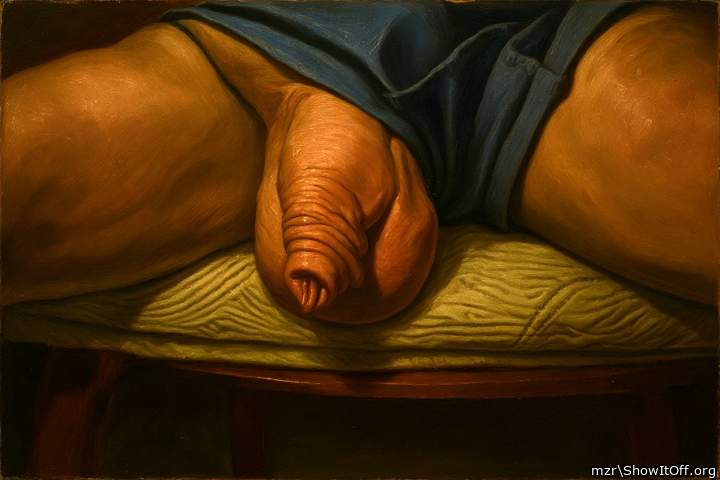 Uncut cock with a long, wrinkled foreskin down, peeks out of underpants Art