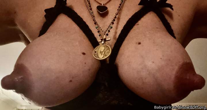 Big swollen nipples and my peephole bra. Good job its a big hole &#128521;