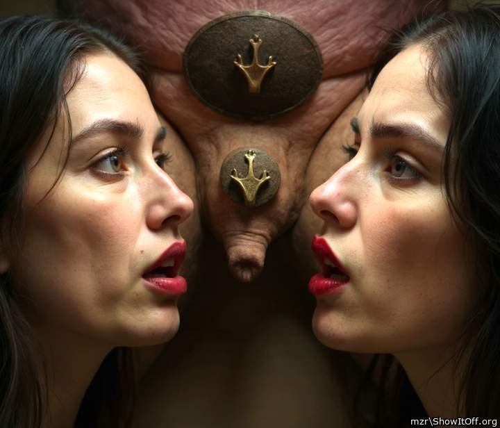 Women with bright red lips and uncut cock with foreskin. Art Style