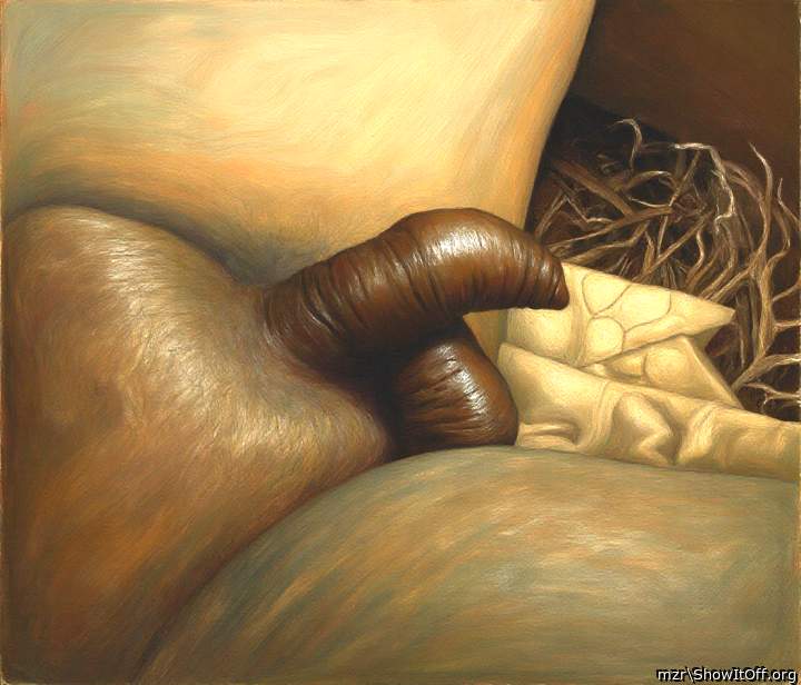 Large foreskin, deeply corrugated, dark brown, fleshy, and glossy tubular form