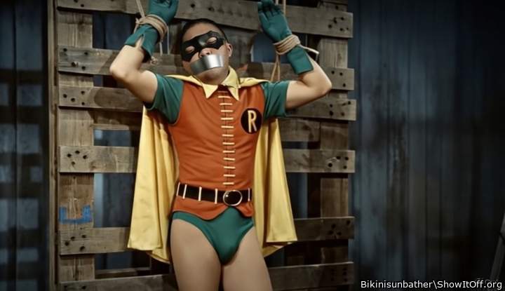 Robin tied up on crates