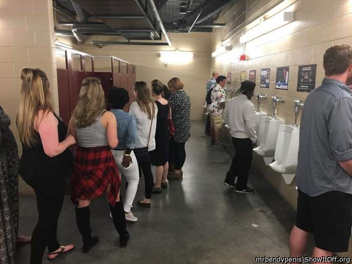 Girls using men's restroom hoping to catch a glimpse of cock