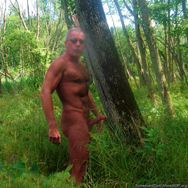 Naked in the woods with an erection.