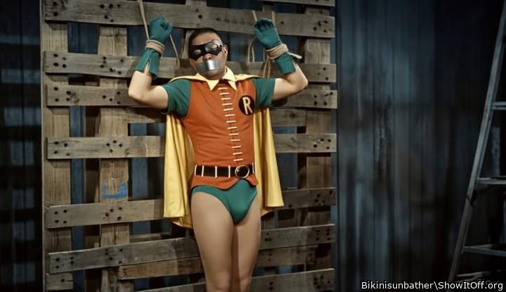 Robin tied up on crates