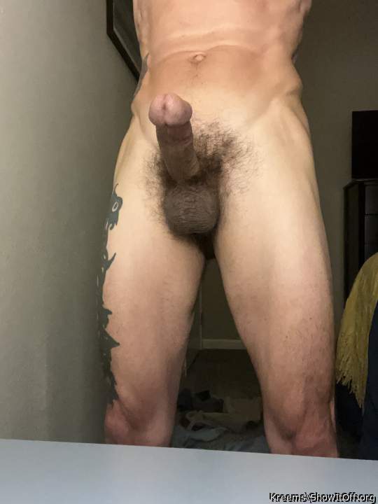Kreems shows his hard penis and swollen testicles