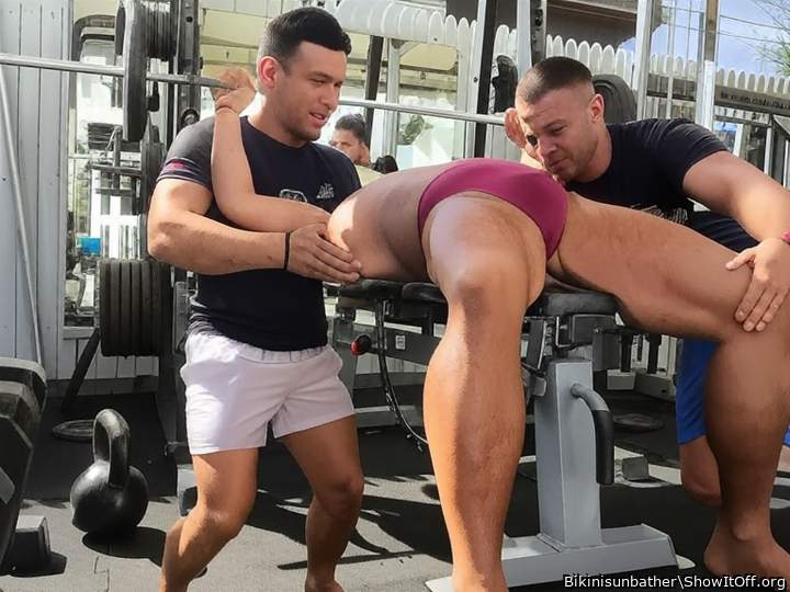 Getting fondled while working out in pink thong