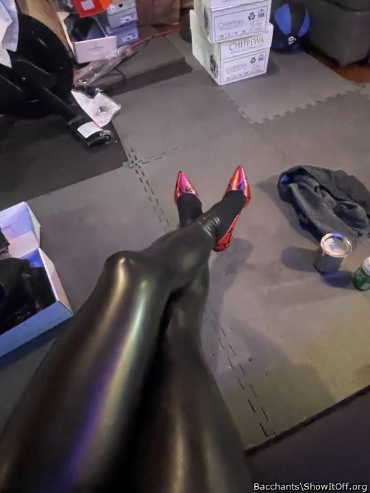 In my wife's leather leggings and heels