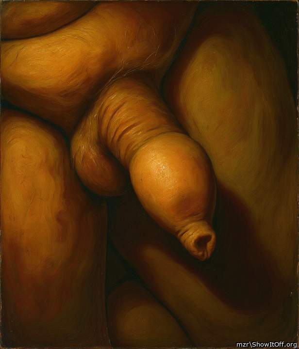 Uncut dick, foreskin state of flaccidity and long, Art picture.