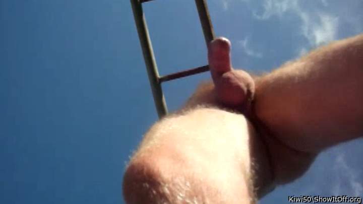 Up shot under monkey bars on blue sky day.