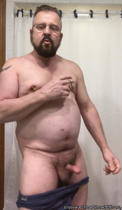 My underwear down enjoying my nipple clamps