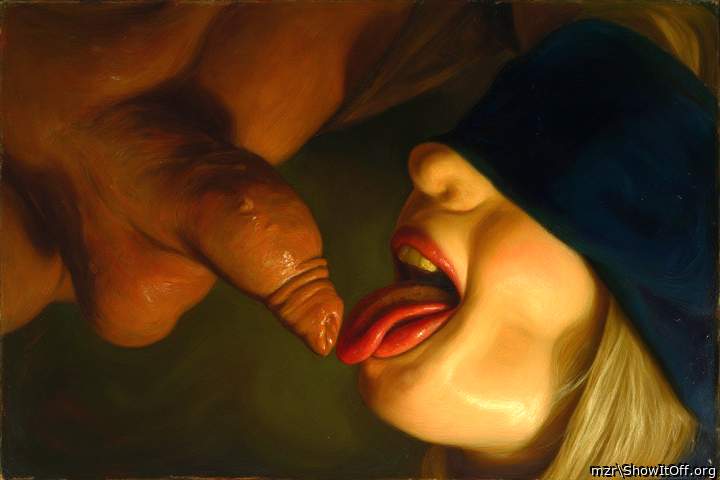 She licks and sucks the uncut foreskin of the penis. Art Style
