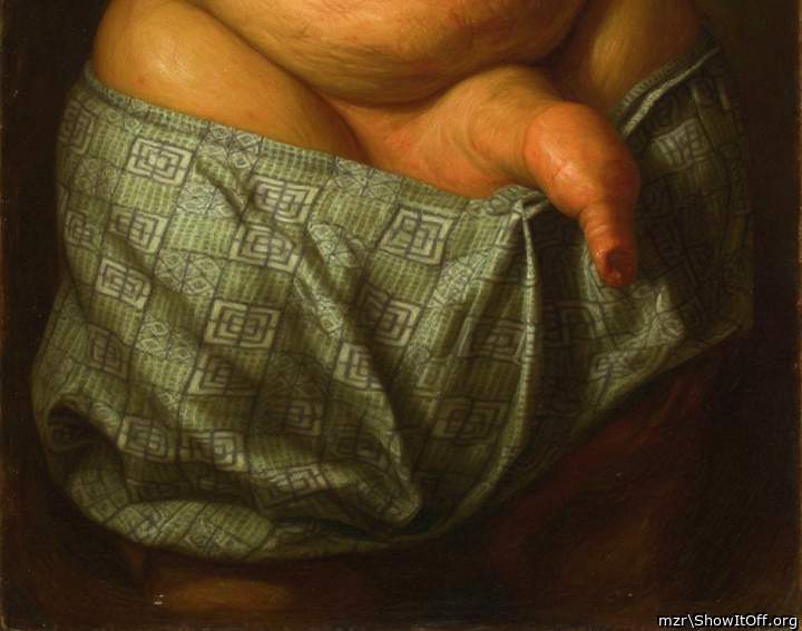 A flaccid foreskin peeks out the underwear, having a slightly moist tip. Art