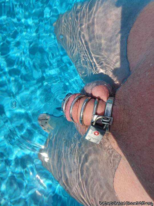 Chastity pool playtime. 3 months caged as of today.