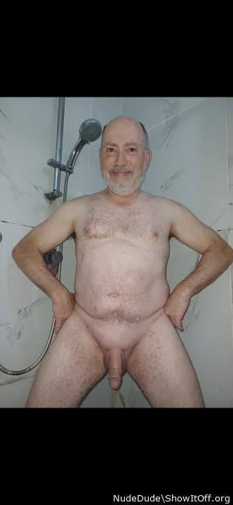 Naked shower selfie.