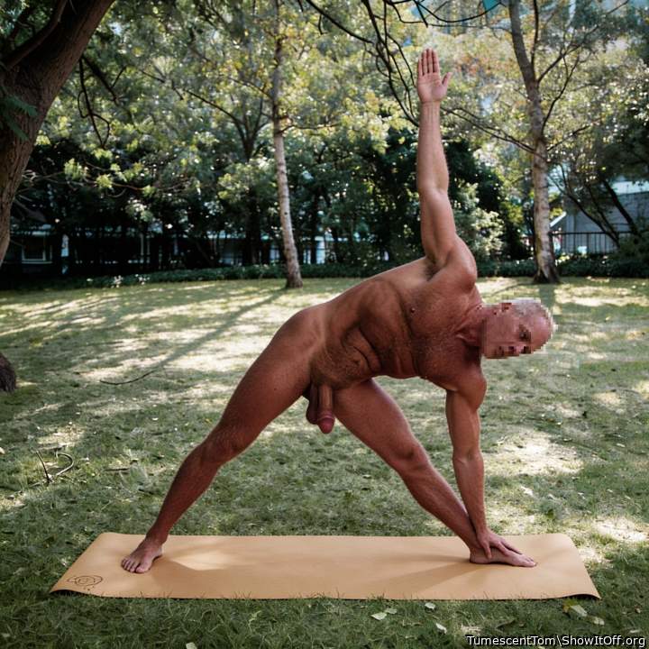 Naked backyard yoga.