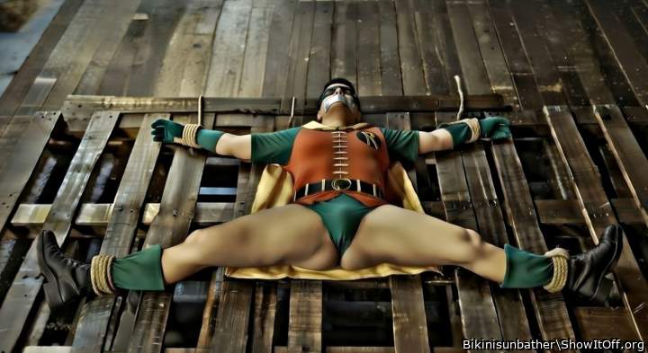 Robin tied up spread eagle